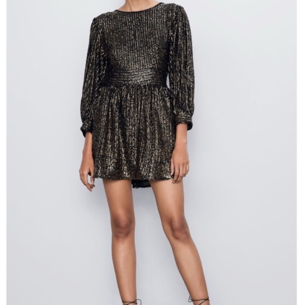 Zara Black and Gold Fit and Flare Cocktail Dress